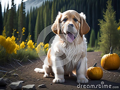 Cute golden retriever dog with pumpkin with autumn forest. Halloween costume. Dog vacation relax concept. Generative Ai Stock Photo
