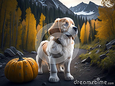 Cute golden retriever dog with pumpkin with autumn forest. Halloween costume. Dog vacation relax concept. Generative Ai Stock Photo