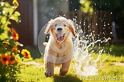 Cute Golden Retriever puppy playing with garden sprinkler water Stock Photo