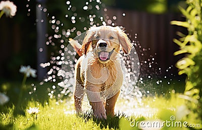 Cute Golden Retriever puppy playing with garden sprinkler water Stock Photo