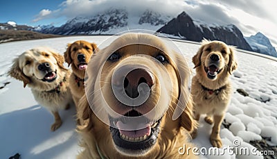 a group of golden retriever dogs wearing Stock Photo