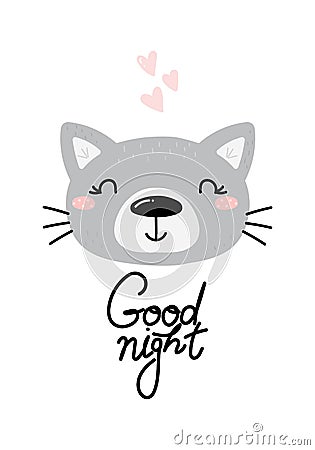 Cute good night card with hand drawn cat. vector print. Vector Illustration