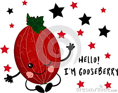 Cute gooseberries. Hi, I`m a fruit. Greeting card or poster for children`s learning, printing on clothes or utensils. Character Stock Photo