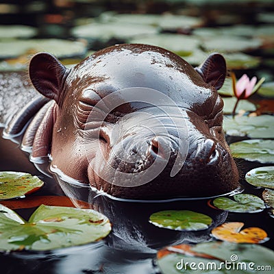 cute and gorgeous baby hippo sleeping in the river Stock Photo