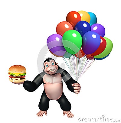 Cute Gorilla cartoon character with balloon and burger Cartoon Illustration