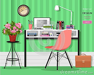 Cute grahic home office room interior with desk, chair, lamp, books, bag and flowers. Vector Illustration