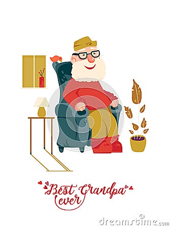 Cute grandfather on vector greeting card with label best grandpa ever. Grandpa is sitting on armchair Vector Illustration