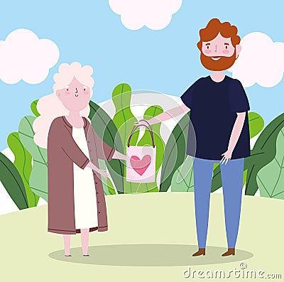 Cute grandma and young man with gift bag love heart cartoon Vector Illustration