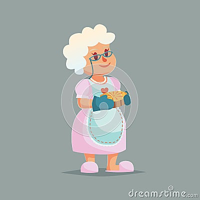 Cute Granny in glasses holding pie. Funny cartoon illustration Stock Photo