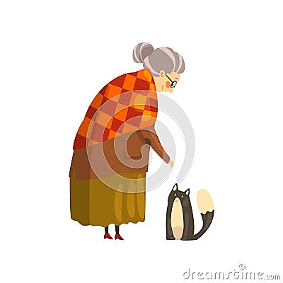 Cute granny and her black cat, lonely old lady and her animal pet vector Illustration on a white background Vector Illustration