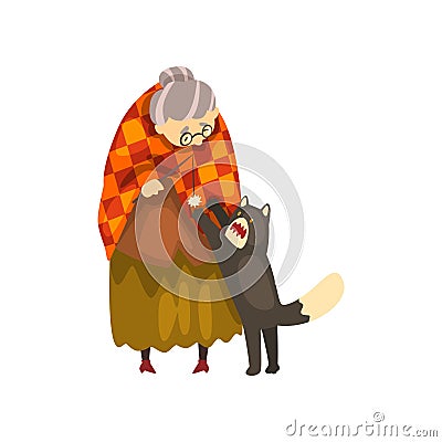 Cute granny playing with her black cat, lonely old lady and her animal pet vector Illustration on a white background. Vector Illustration