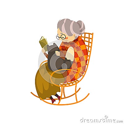 Cute granny sitting in a cozy rocking chair and reading a book, black cat lying on her knees, lonely old lady and her Vector Illustration