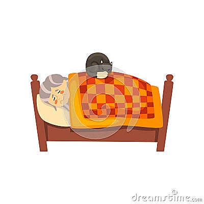 Cute granny sleeping in her bed, black cat lying with her, lonely old lady and her animal pet vector Illustration on a Vector Illustration