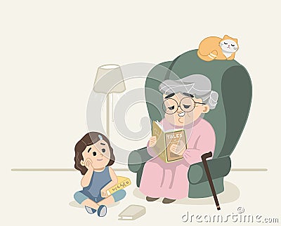 Cute granny telling stories to her granddaughter. Modern granny Flat vector design Vector Illustration