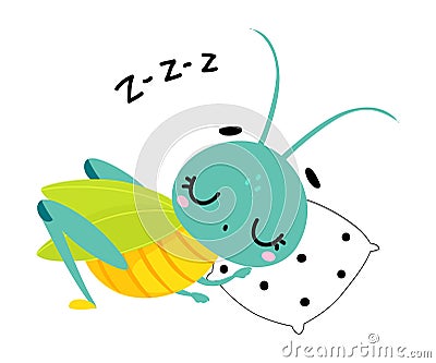Cute grasshopper sleeping on pillow. Funny insect cartoon character vector illustration Vector Illustration