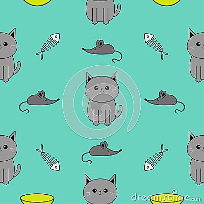 Cute gray cartoon cat. Bowl, fish bone, mouse toy. Funny smiling character. Contour Isolated. Seamless Pattern Blue background. Fl Vector Illustration