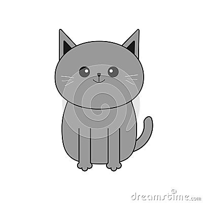 Cute gray cartoon cat. Mustache whisker. Funny smiling character. Contour Flat design. White background. Isolated. Vector Illustration