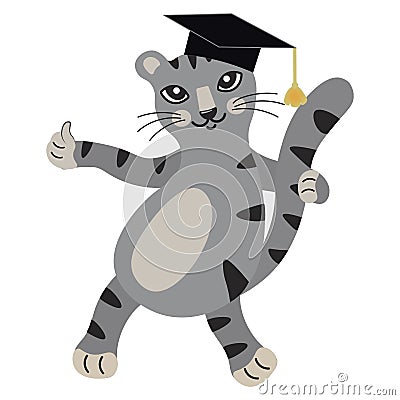 Cute gray cartoon kitten in graduation hat shows thumbs up. The smart cat is ready to learn. Back to school. Educational Vector Illustration