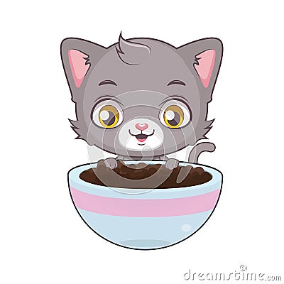 Cute gray cat happy about the bowl full of food Vector Illustration