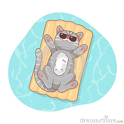 Gray cat lies on air mattress on pool isolated Vector Illustration
