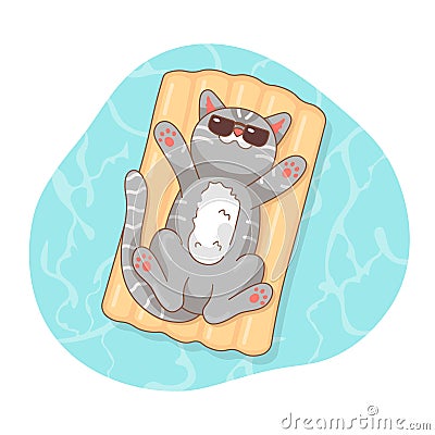 Cute gray cat is resting on an air mattress in sunglasses in the sea. Isolated illustration of a resting animal. Vector Illustration