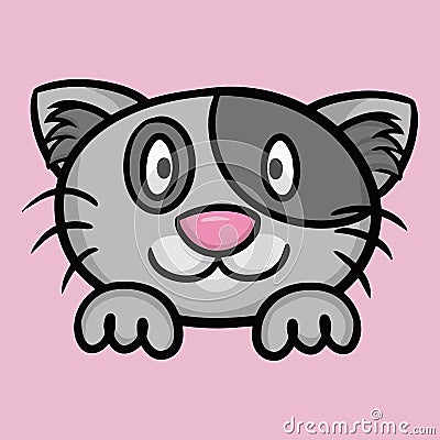 Cute gray contented cat with dark spots on the coat, cat face with paws, cartoon vector illustration Vector Illustration