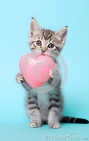 A cute gray kitten holds a heart in its paws Stock Photo