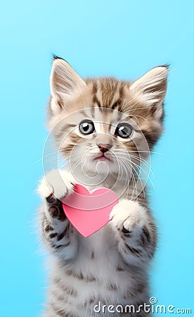 A cute gray kitten holds a heart in its paws Stock Photo