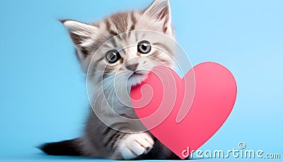 A cute gray kitten holds a heart in its paws Stock Photo