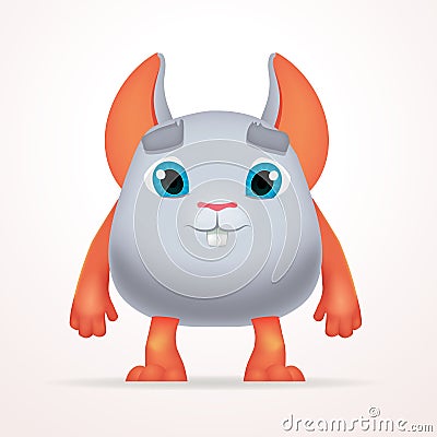 Cute gray mouse mutant. Fun Fluffy fat rabbit character isolated on light background. Silly cartoon monster for kids Vector Illustration