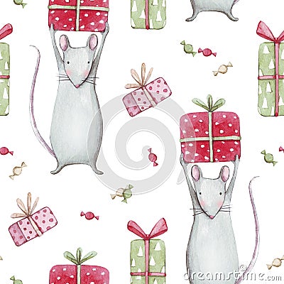 Cute gray mouse or rat 2020. Merry Christmas seamless pattern with watercolor illustration of a baby mice animals with sweet candi Cartoon Illustration