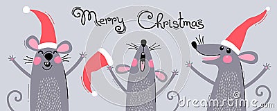 Cute gray rats in Santas hats wish Merry Christmas. Postcard with a symbol of 2020. Vector illustration Vector Illustration