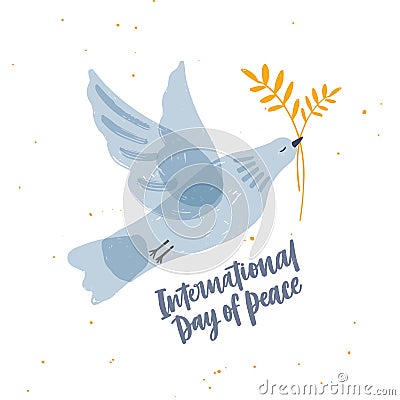 Cute gray translucent dove, pigeon or bird flying and carrying olive branch and International Day of Peace lettering Vector Illustration