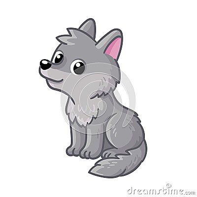 Cute gray wolf cub sits on a white background. Wolf cub Vector Illustration