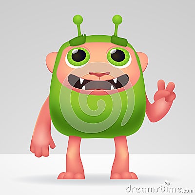 Cute green alien invader with silly smile and funny ears. Fluffy character isolated on light background for your kids Stock Photo