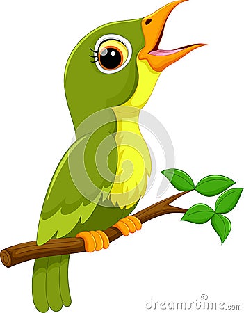 Cute green bird cartoon singing Cartoon Illustration