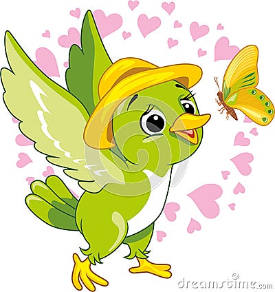 Cute green bird playing with butterfly Vector Illustration