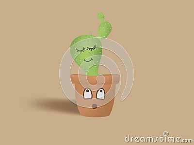 Cute green cactus with smiling face and sleeping eyes in brown p Cartoon Illustration