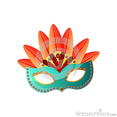 Cute green carnival brazil mask with red feather Vector Illustration