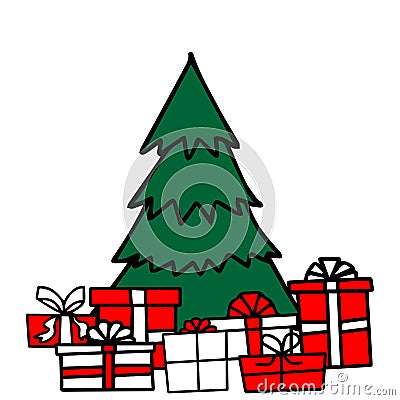 Cute green Christmas tree with red and white gifts, hand drawn vector sketch. Christmas card. Doodle style. Black elements Stock Photo