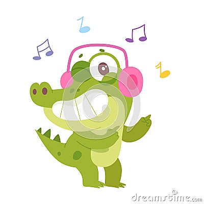 Cute green crocodile character wearing pink headphones to listen fun jungle music Vector Illustration
