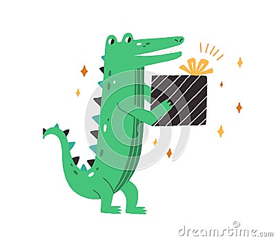 Cute green crocodile holding birthday gift. Baby animal in scandi style. Little smiling gator with present in paws Vector Illustration