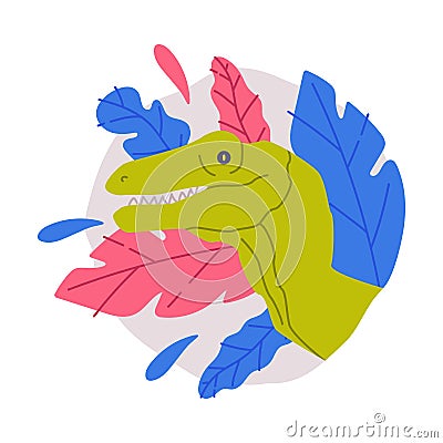 Cute Green Dinosaur Animal Peeking Out of Round Hole with Colorful Foliage Vector Illustration Vector Illustration