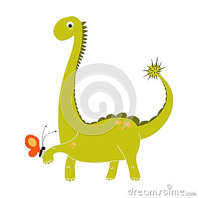 Cute green dinosaur cartoon holding a small red butterfly. Vector EPS 10 dino doodle set Vector Illustration