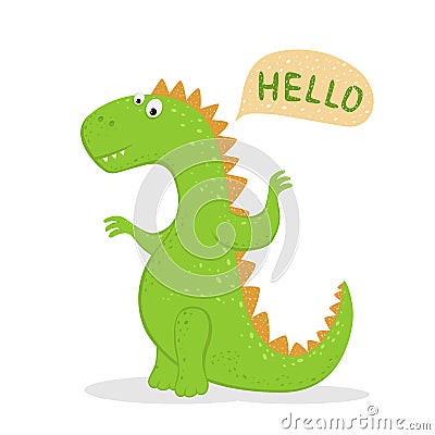 Cute Green Dinosaur Says Hello Vector Illustration