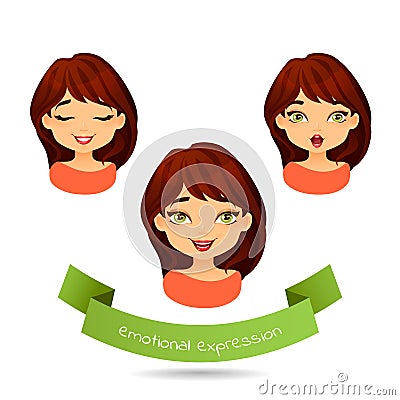 Cute green-eyed brunette with different facial expressions. Cartoon Illustration
