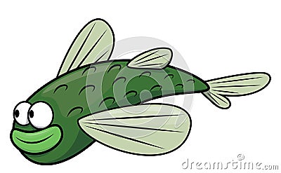 Cute Green Flying Fish Cartoon Color Illustration Vector Illustration