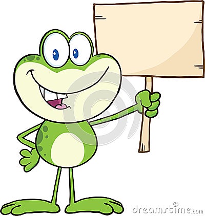 Cute Green Frog Cartoon Character Holding Up A Wood Sign Vector Illustration