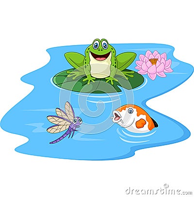 Cute green frog cartoon on a lily pad Vector Illustration