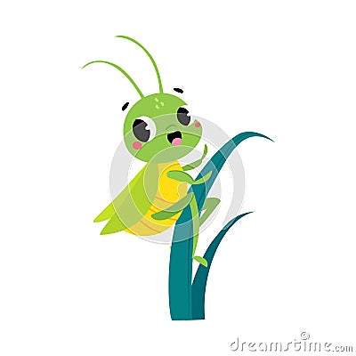 Cute Green Grasshopper Character Climb Grass Blade Vector Illustration Vector Illustration